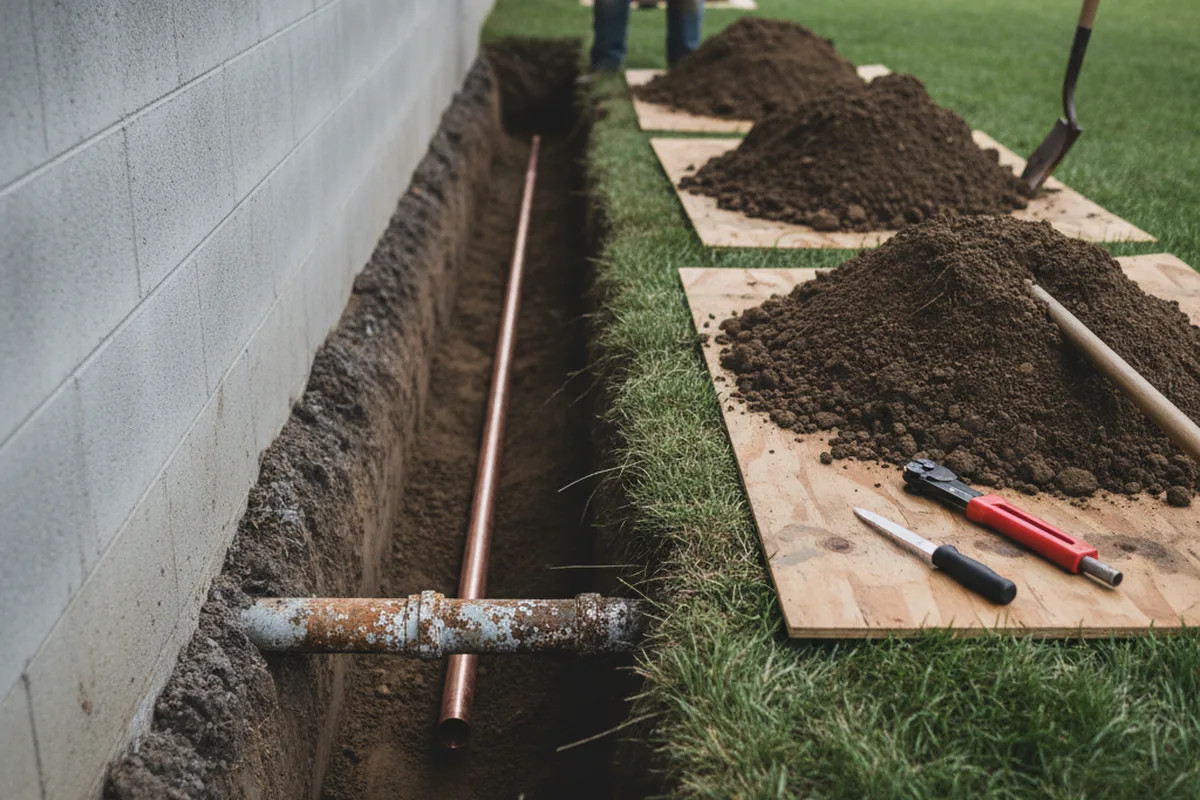 Excavated water line trench during Sewer Line Repair in Millstadt